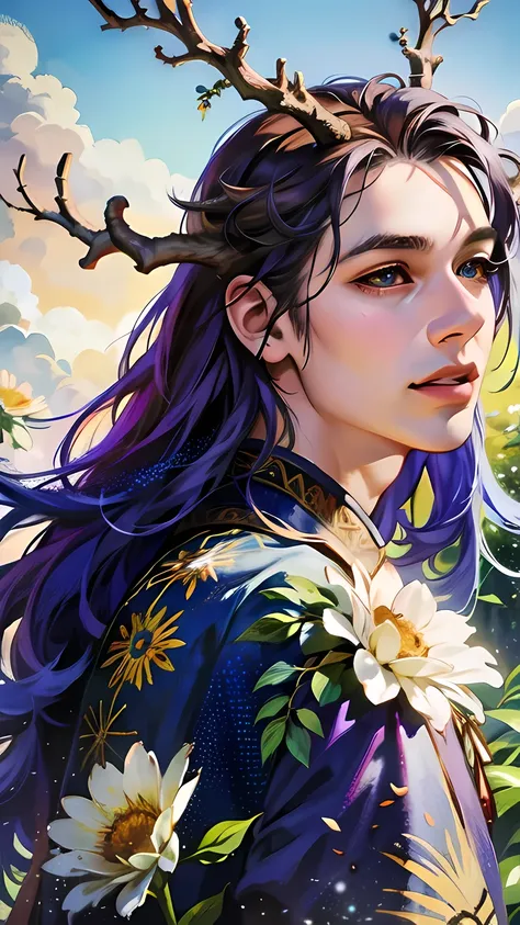 (Best quality,4K,8 k,A high resolution,masterpiece:1.2),Ultra detailed,(realistic,photorealistic,photo-realistic:1.37), 1 person, boy, with colorful wings on his back,Long purple hair,flowers in his hair,Yellow eyes,horns of goals,Bald tail,cartoon style,b...