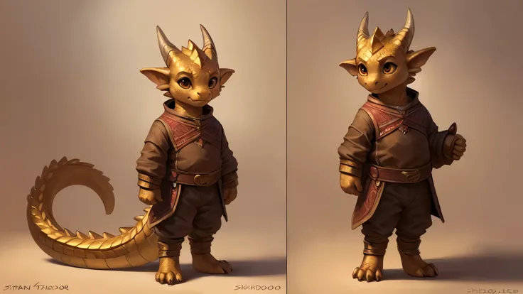 (by Skidoo), (by Taran Fiddler), solo, young, cub, young anthro, small, cute, short legs, short, golden scales, small horns, big eyes, cute eyes, gold eyes, (An anthro dragon toddler with gold scales standing, wearing simple clothes that are too big for hi...