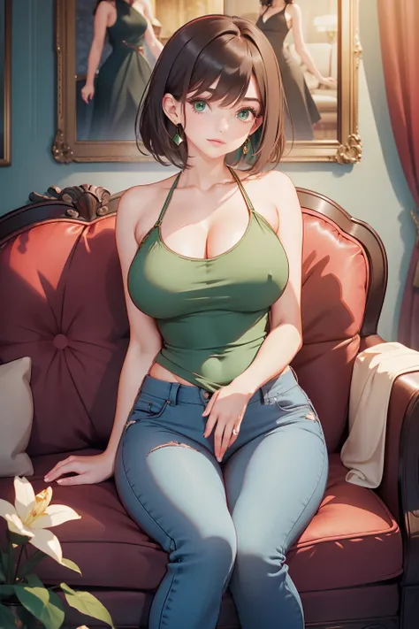 A poised woman with short, elegant brunette hair cascading down her shoulders, framing her deep emerald green top that accentuates her curvaceous figure and a precise V-neck cut revealing her ample cleavage. Her denim jeans are tucked in, with meticulous d...