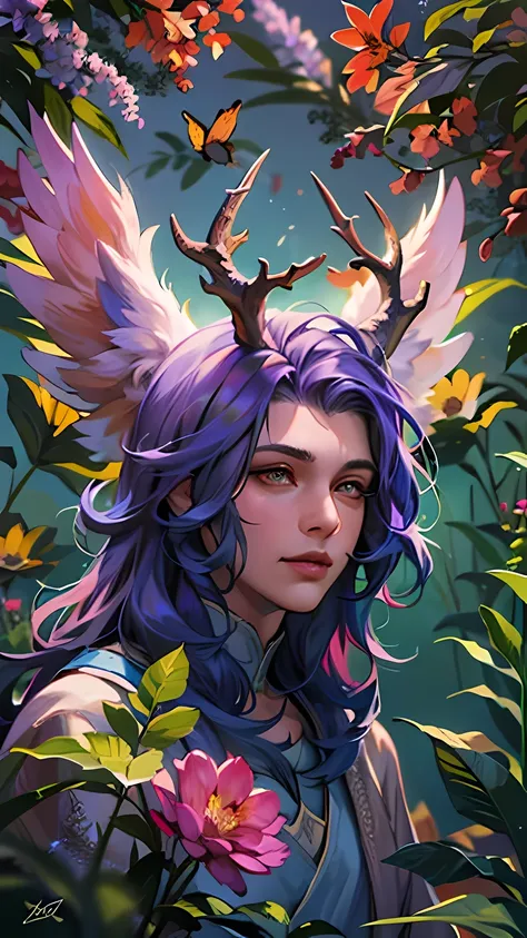 (Best quality,4K,8 k,A high resolution,masterpiece:1.2),Ultra detailed,(realistic,photorealistic,photo-realistic:1.37), 1 person, boy, with colorful wings on his back,Long purple hair,flowers in his hair,Yellow eyes,horns of goals,Bald tail,cartoon style,b...