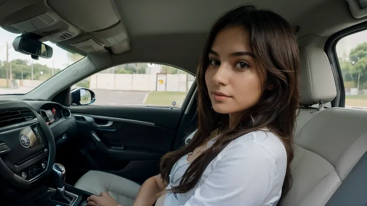 A jovem deve estar diriginfo um carro esportivo, the image must present it in the passenger&#39;s view, ou seja, she is driving and the photo was taken by the passenger.