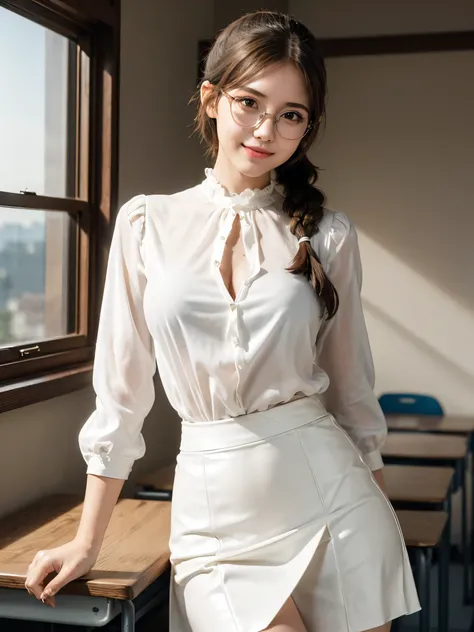 (Masterpiece, Hyperrealistic, 8k, HDR, RAW), ((Natural illumination)), window illumination, inside illumination, (((Inside a classroom))), ((Beautiful woman)), pretty american woman, 25 years old, ((White blouse)), ((Leather skirt)), ((Glasses)), ((Long po...