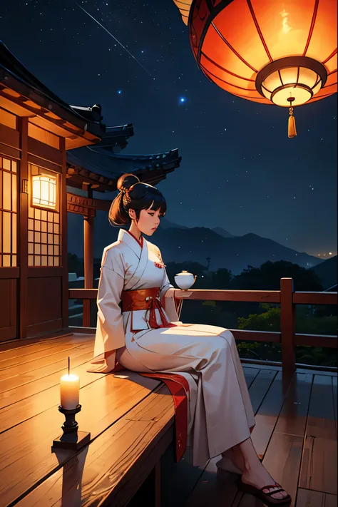 Girl in traditional Korean dress, traditional Korean house, pretty decor, drinking tea, sitting on porch, serene ambience, night sky