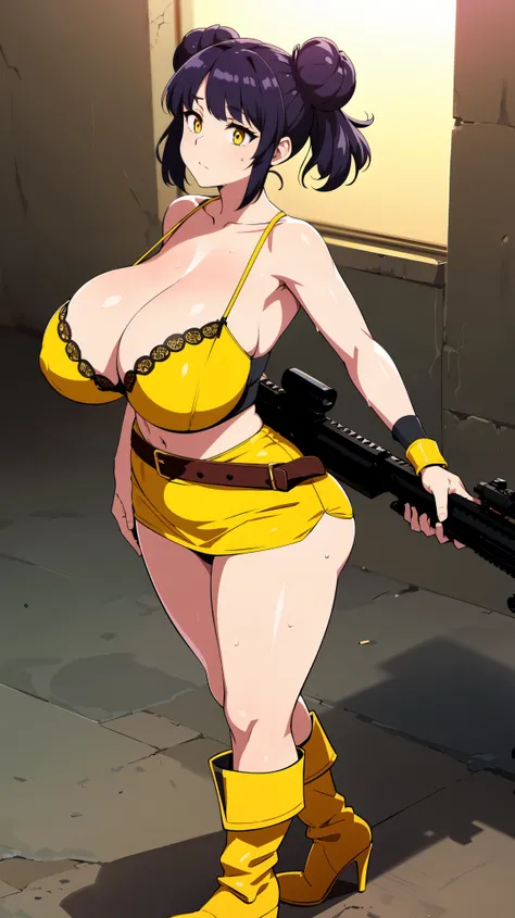 Slime girl, (slime), Slime hair Double buns hair style, Pumpkin Orange, weapon belt, Masterpiece, Best Quality, gigantic breasts, slime girl, slime girl, purple hair, lavender hair, yellow clothes, weapon belt around waistline, rifle, long rifle, AR-15 Rif...