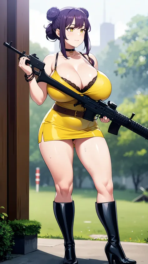 Slime girl, (slime), Slime hair Double buns hair style, Pumpkin Orange, weapon belt, Masterpiece, Best Quality, gigantic breasts, slime girl, slime girl, purple hair, lavender hair, yellow clothes, weapon belt around waistline, rifle, long rifle, AR-15 Rif...