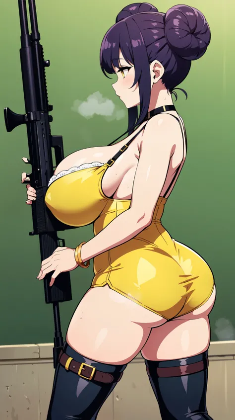 Slime girl, (slime), Slime hair Double buns hair style, Pumpkin Orange, weapon belt, Masterpiece, Best Quality, gigantic breasts, slime girl, slime girl, purple hair, lavender hair, yellow clothes, weapon belt around waistline, rifle, long rifle, AR-15 Rif...