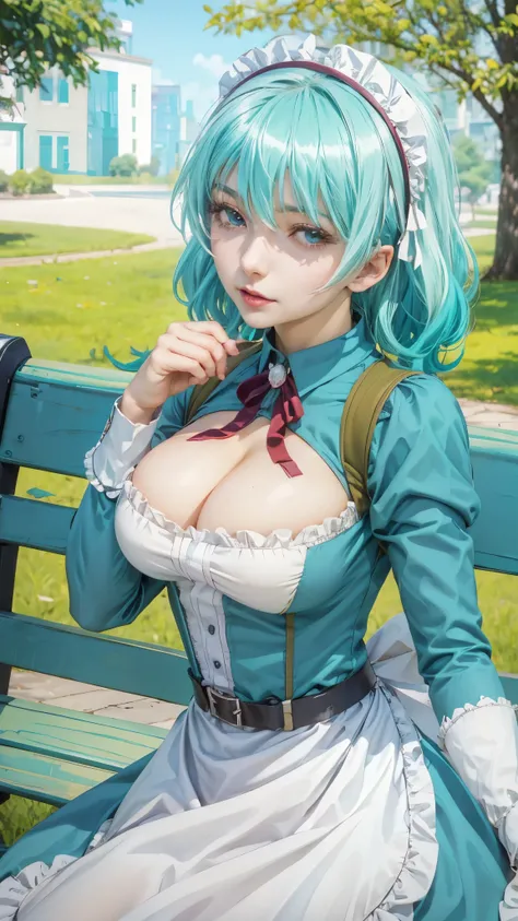 anime girl with blue hair sitting on a bench in a park, anime girl with teal hair, seductive anime girl, mikudayo, , attractive anime girl, beautiful alluring anime woman, cushart krenz key art feminine, anime moe artstyle, cyan corset, beautiful anime gir...