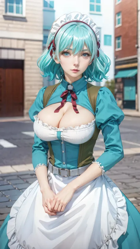 anime character with blue hair and white dress posing in the street,  in dress, anime moe artstyle, anime girl with teal hair, mikudayo, cyan corset, , marin kitagawa fanart, pixiv 3dcg, , cushart krenz key art feminine, top rated on pixiv