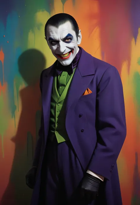 Bela Lugosi as Count Dracula the Joker - with a maniacal grin on his face - an extremely colorful multicolor paint splattered wall in the background