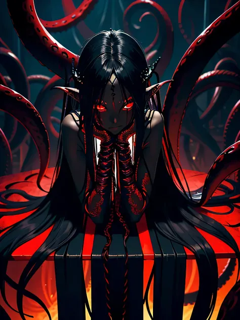 ((dark fantasy art)), bright red lighting, beautiful demon girl, , ((black glossy skin)), dark black skin, black skin, ((ashy skin)), black skin, dark skin, very long black hair, tentacle table, hands on table, (short clothing), open belly, piercings, ((lo...