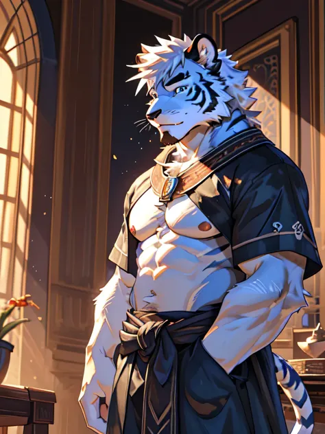 watercolor，Ukiyo-e art，etching，Sunlight，natural lighting，etching，Kyoto Manga，male，juvenile，hairy，White Tiger，(((pure white fur)))，(((black and blue pattern))))，(((white hair)))，blue eyes，(((Strong body)))，face close-up，whole body，octave render，High purity ...