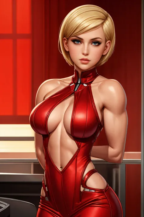 short red dress, undercut platinum bobcut blonde hair, beautiful detailed eyes, beautiful detailed lips, small breasts, fit and muscular physique, short hair, confident expression, strong and capable posture,  cybernetic enhancements