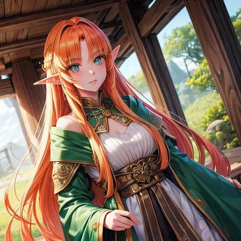 she is a beautiful elf, her hair is extremely long orange in color, your green eyes are wise. her skin is cinnamon.
