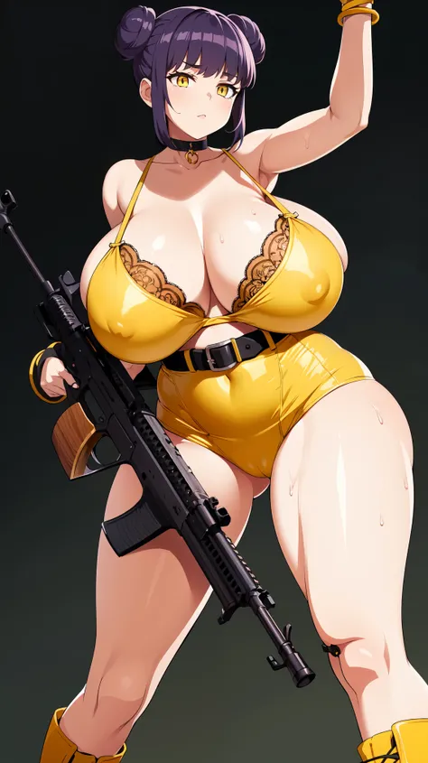 Slime girl, (slime), Slime hair Double buns hair style, Pumpkin Orange, weapon belt, Masterpiece, Best Quality, gigantic breasts, slime girl, slime girl, purple hair, lavender hair, yellow clothes, weapon belt around waistline, rifle, long rifle, AR-15 Rif...