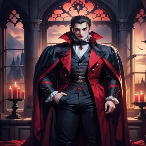 a man in a dracula costume standing in front of a window, count dracula, male vampire, vampire lord, handsome male vampire, victorian vampire, male vampire of clan banu haqim, dracula, vampire of clan lasombra, portrait of a vampire, portrait of professor ...