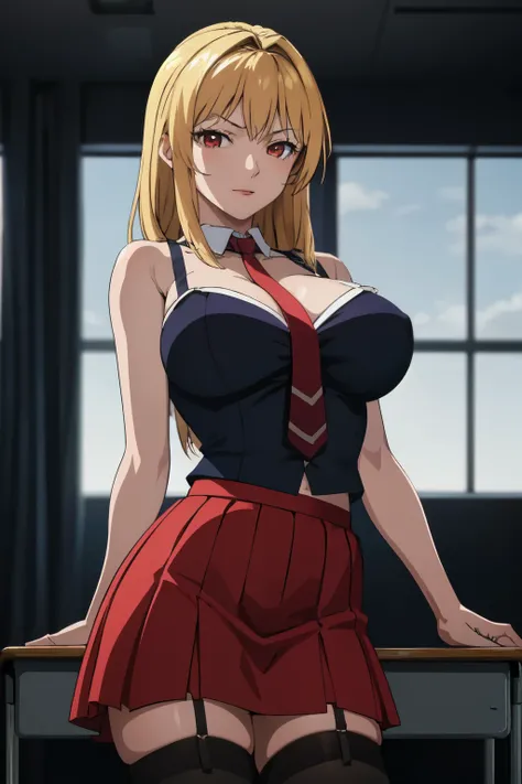 masterpiece, best quality, highres, 1girl kaori saeki,   spaghetti strap black vest, cleavage, red necktie red skirt black thighhighs, classroom, cowboy shot, (smug:0.3), looking at viewer, focus solo 