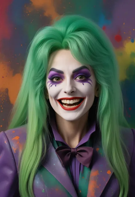 Dolly Parton as Count Dracula the Joker with long green hair - with a maniacal grin on her face - an extremely colorful multicolor paint splattered wall in the background