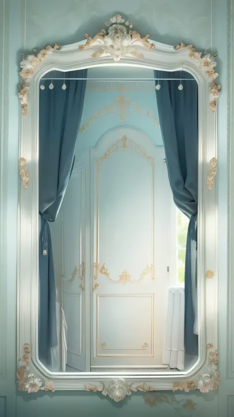 there is a mirror with a curtain hanging on the wall, 冬天的蓝色curtain, background made of big curtains, curtain, curtain, Inspired by Anna Forsley, benjamin vnuk, ethereal curtain, curtains, Alexandra Formina, Rene Magritte. super detailed, Inspired by Pierre...