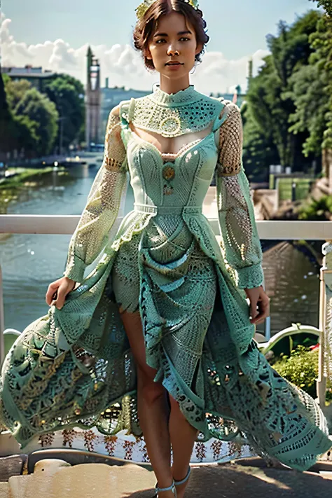 woman in a green knitted dress with white knitted patterns in the form of flowers, beautiful crochet, standing on a bridge overl...