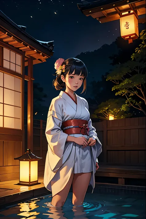 Cute Japanese girl, opening robe, standing in a pool, traditional japanese house, night time, lanterns, flowers, fireflies