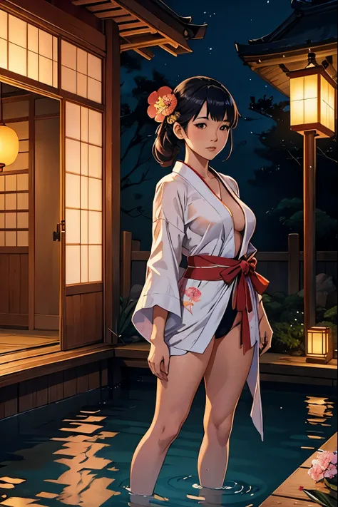 Cute Japanese girl, opening robe, revealing breasts and legs, standing in a pool, traditional japanese house, night time, lanterns, flowers, fireflies