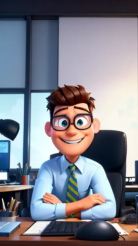 Crie uma imagem estilo Pixar de um especialista em marketing digital chamado Mark. He is sitting in an office chair, com um sorriso radiante no rosto enquanto trabalha em seu computador. Ao seu redor, there is a vibrant atmosphere of creativity, with color...