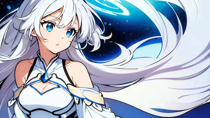 (((Best quality))), ((Ultra-detailed)), ((illustration)), (balanced), (1 girl), (Solo), rating:safe, low angle, off shoulder, beautiful breasts, Diagonal front angle, anime girl with white hair and blue eyes wearing the one peace, best anime wallpaper, whi...