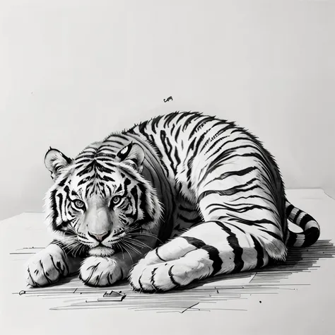 A pencil sketch for reference. A tiger laying down, curled up around a battered shield. Its head lowered, glaring at the viewer