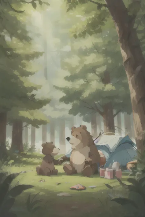 sketch of a bear is camping, kid, Deciduous Forest, no hard shadows --ar 9:11