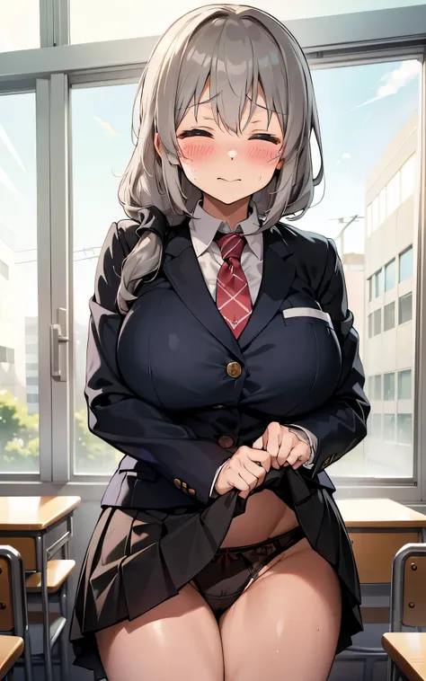 absurderes:1.8, ((school uniform:1.2, exhibitionist:1.4、blazer, school classroom、skirt lift:1.6, intricate panties:1.4, frombelow:1.3))、(milf、grey hair, tie very long hair to one side:1.4,), Unity 8K Wallpaper, Masterpiece, detailed hair, highly detailed, ...