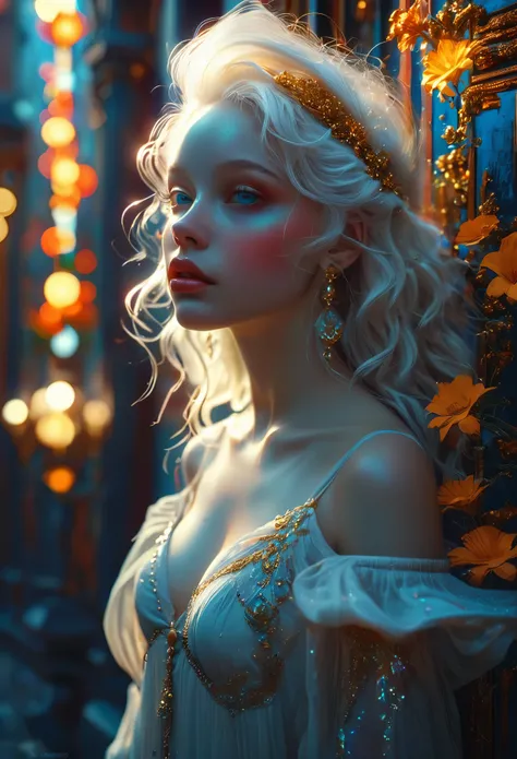 Romance in a the city in the night, shady city, le titre est Soulmate, an albinos girl pleurant dans une ruelle, visage très fins, (((very beautiful))), visages parfait, corps entier, 8K, extremely detailed, (high quality,realistic,photorealistic:1.37), Fu...