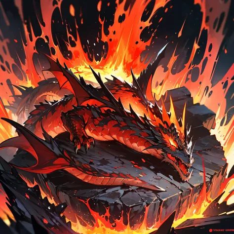 1 dragon, ugly dragon, higher angle, from above, going upwards, sticking out his head, red scales, coming out of lava, lava pool bath, hands, dragon hands, torso visible, menacing, screaming dragon, cartoon dragon, facial expression, angry expression, roar...