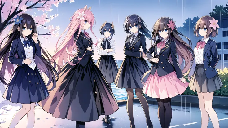 two anime characters are standing at a crosswalk in the rain in anime styled clothing, bow, parted lips, armor, blush, multiple girls, blue eyes, flower, outdoors, long hair, skirt, hair flower, pink flower, rain, hair ornament, shirt, helmet, bangs, black...