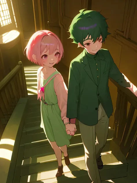 Anime, sonrisa, rubor,1 girl,1 ,dentro de un aula, day, fondo sencillo,girl with short hair and pink hair,boy with short hair and dark green hair,boy holding hands with girl, session on stairs,Warm lighting