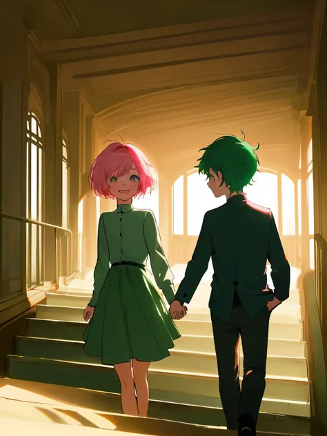 Anime, sonrisa, rubor,1 girl,1 ,dentro de un aula, day, fondo sencillo,girl with short hair and pink hair,boy with short hair and dark green hair,boy holding hands with girl, session on stairs,Warm lighting