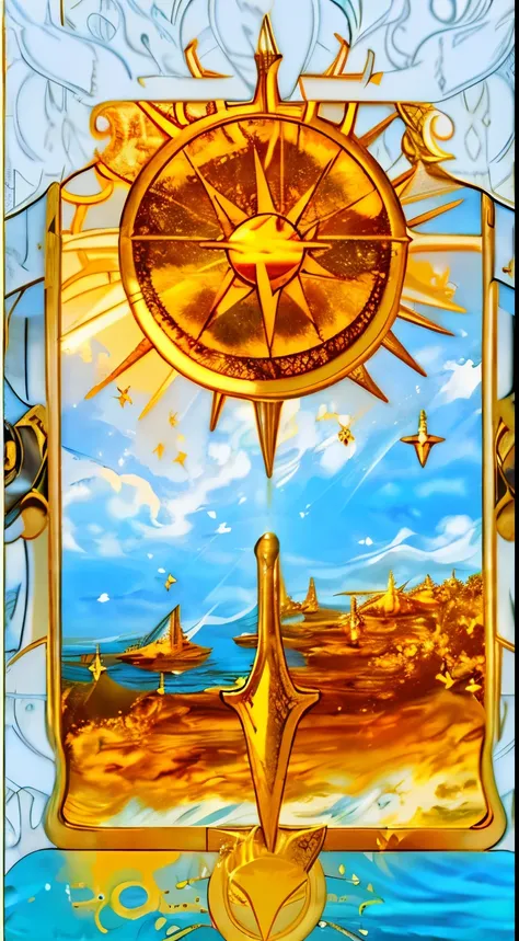 Masterpiece, Best Quality, Ultra-Detailed, a card of a great golden sun shining through the clouds and shining over the sea and the lands, (sun:1.0), big sun, sun in focus (((tarot card:1.0)))