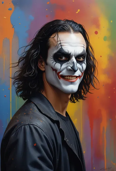 Brandon Lee as the crow - with a maniacal grin on his face - an extremely colorful multicolor paint splattered wall in the background - oil painting by Gerald Brom