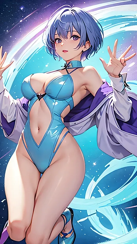 1girl, nsfw, bleached light blue violet hair color, very short haircut, hair covering left side of eyes, cute, sexy pose, full body, purple violet skimpy magician clothing, d cup breasts, very light blue violet hair, leaping in the air, shining magical par...