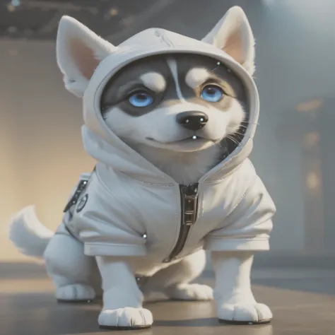 (A husky puppy in a white hat jacket walks down the runway), Husky dog in white jacket runs on the catwalk,(A husky puppy in a white hat jacket:1.37), (Eine Kapuze tragen:1.37)(Wears white pants:1.37), (schwarze Stiefel:1.37),((wears cool sunglasses:1.37))...