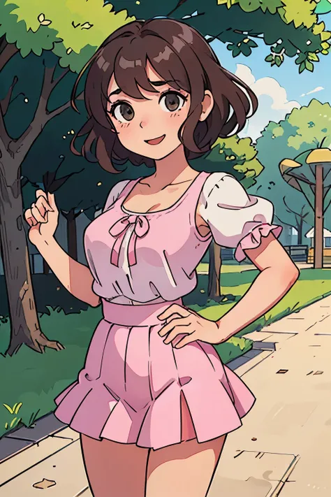 White girl with short curly brown hair, pink neckline and mini skirt in a park, has a happy expression