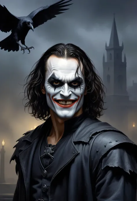 Brandon Lee as the crow - with a maniacal grin on his face - a dark, foggy wall in the background, dark, sinister, gothic, horror, fantasy - oil painting by Gerald Brom