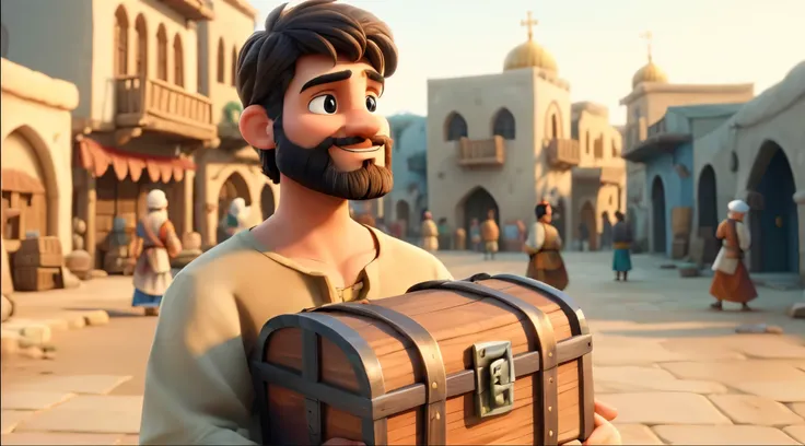 A cartoon Christian man with a beard holds a wooden treasure box in a Middle Eastern town, dall e 3 pixar style