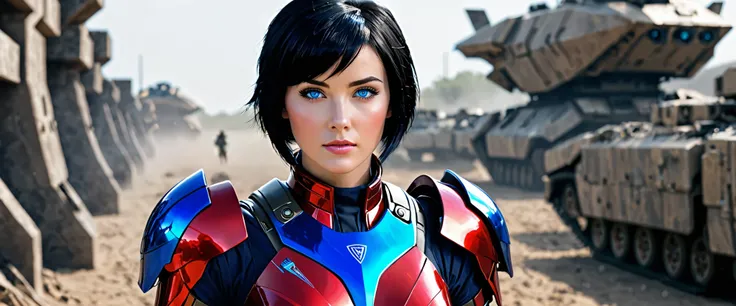 An attractive woman with short black hair and blue eyes wearing red tech armor would be in a war.