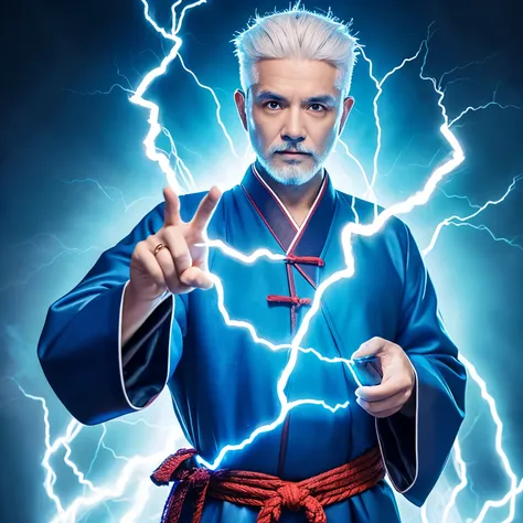 White-haired middle-aged man with lightning in his hands, blue taoist robes, Fuerte