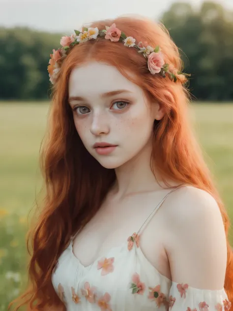 a close up of a woman with a flower on her head, Jovana Rikalo, color portrait, high quality, intricately detailed portrait, Sadie Sink, INFP young woman, cute portrait, adorable young redhead girl, freckled skin, rosy cheeks, expressing a melancholic emot...