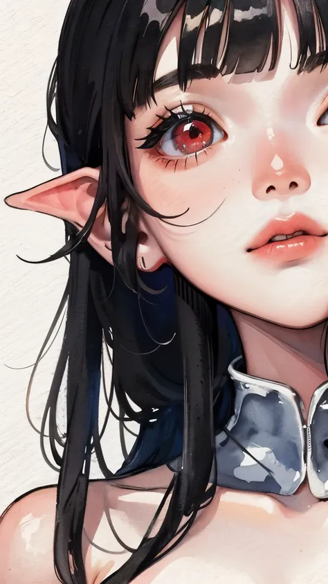 young girl　red eyes　small breasts　short　black hair　goblin　high quality　High resolution　8k watercolor　ID photo style　close up of face　naked　Bone Knight