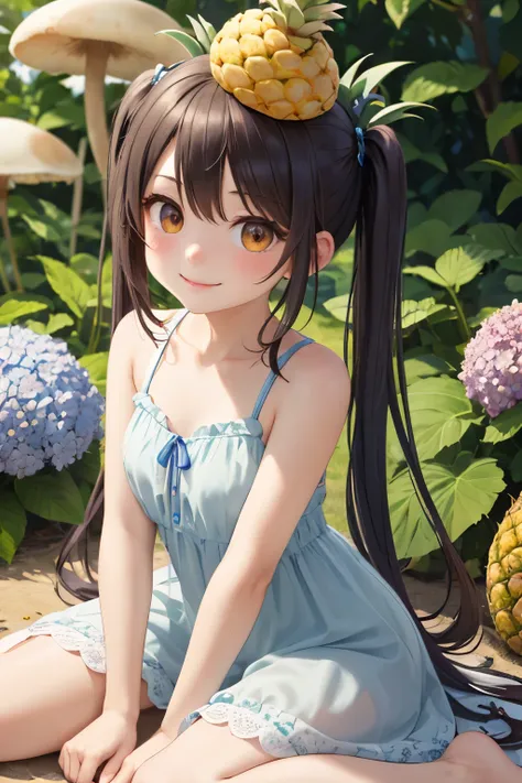 a girl, masterpiece, long pigtails, wariza, summer vacation theme, extreme shy smile, hydrangea garden, global illumination, bohemian maxi dress, (mushroom on head), (pineapple motif)