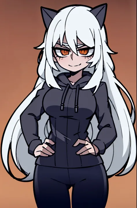 woman, long hair, white hair, standing, whole body, detailed face, detailed body, black hoodie, white skin, full body, complete body, wavy hair, solo, perfect face, tall woman, orange eyes, cat ears, high resolution, smile, blush, thick thighs, black cotto...