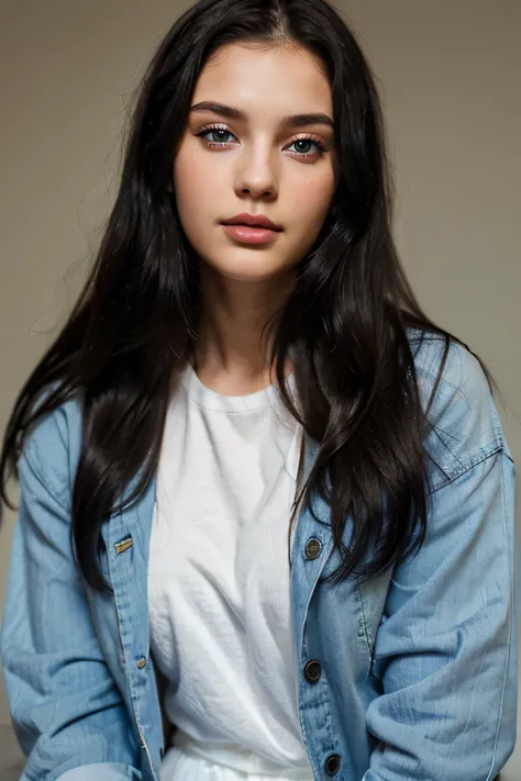 Very realistic 24-year-old girl with black hair, blue eyes and full lips.