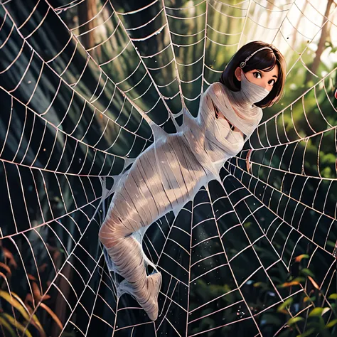 a girl entangled in the spider web, struggle, detailed classroom, (cocoon:1.3), spider web, hanging, spider in the web, spider